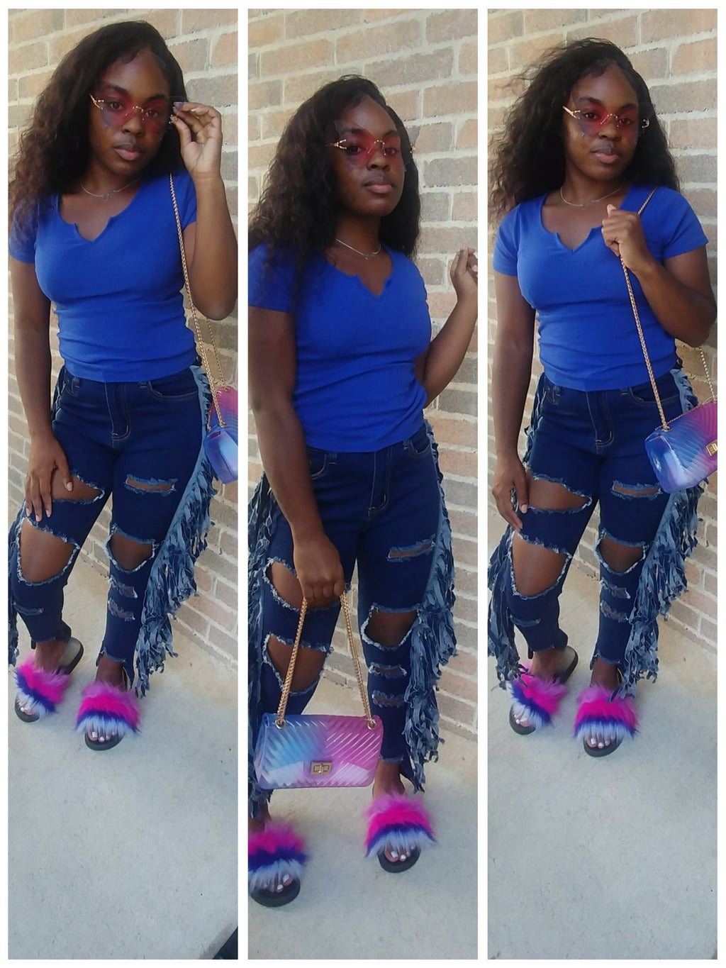 Distressed Denim Jeans w/Tassels