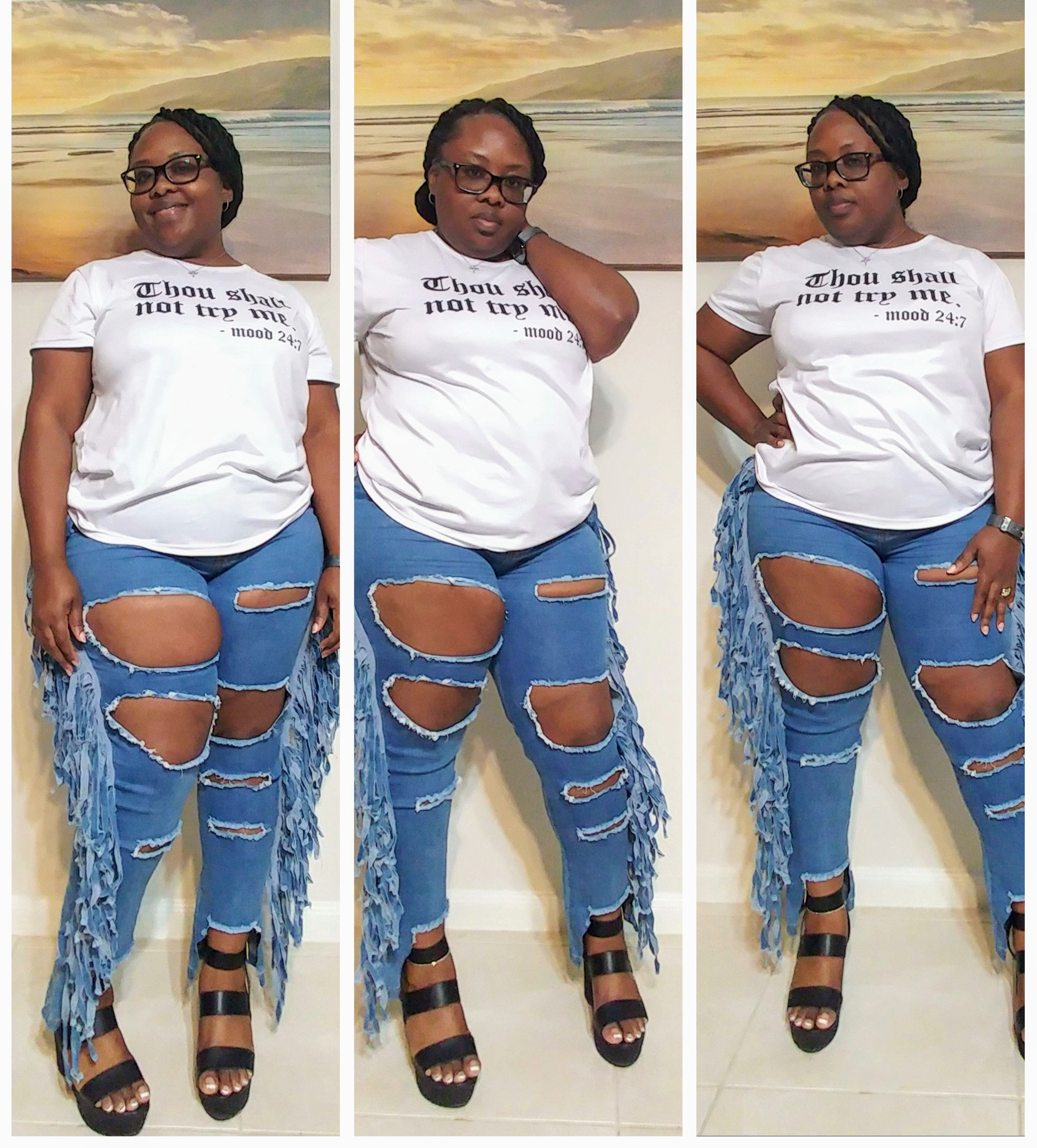 Distressed Denim Jeans w/Tassels