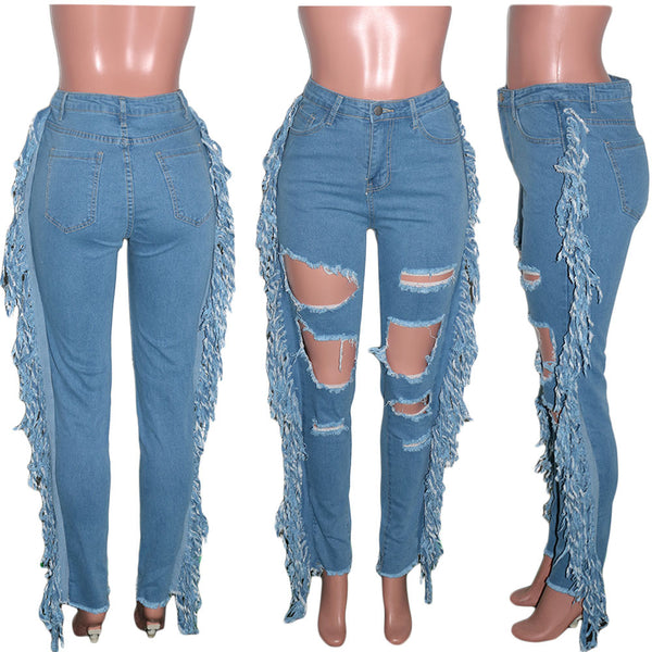 Distressed Denim Jeans w/Tassels